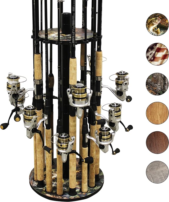 Rush Creek Creations 16-Rod Round Fishing Rod Holder for Garage, 360° Access Fishing Pole Holder for Rods, Reels, Gear, Accessories, and Tackle Box, Securely Holds 16 Rods, Bass