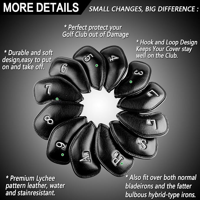 FINGER TEN Premium Synthetic Leather Stylish Iron & Wedge Golf Head Covers Value 12 Piece Set, Embroidered Labels & Fits Most Clubs Gift Set, Travel Protection Accessories
