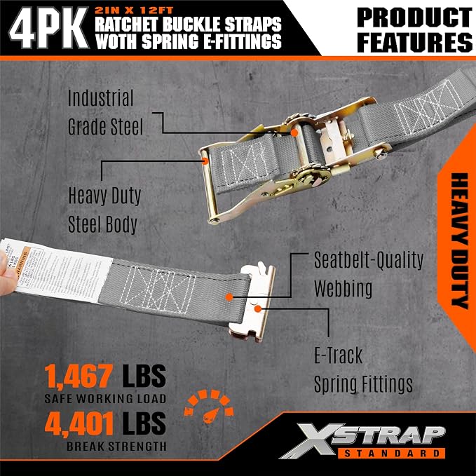 XSTRAP STANDARD E-Track Ratchet Straps, 4 Pack 2" x16' Heavy Duty Cargo Tie-Downs, 4400LBS Breaking Strength, Standard E Track Fitting Tie Down Ratcheting Strap for Cargo Vans, Trucks, Trailers (Grey)