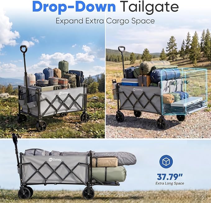 Sekey Collapsible Wagon Cart with Drop-Down Tailgate, 300 lb Capacity