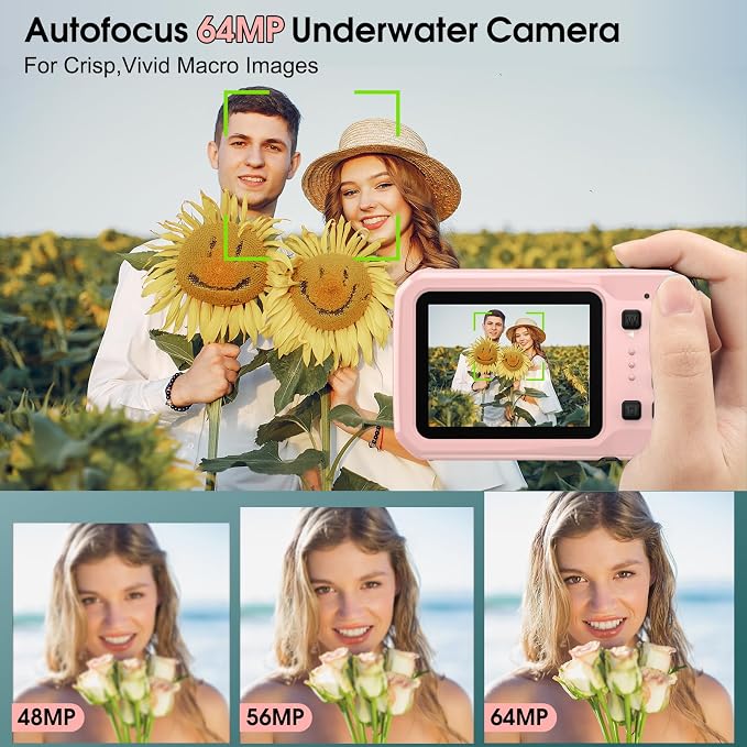 4K Underwater Camera, 64MP 16FT Waterproof Digital Camera with 16GB Card, Autofocus Floatable Waterproof Camera with IPS HD Screen, 16X Digital Zoom, Fill Light, for Snorkeling, Surfing, Swimming