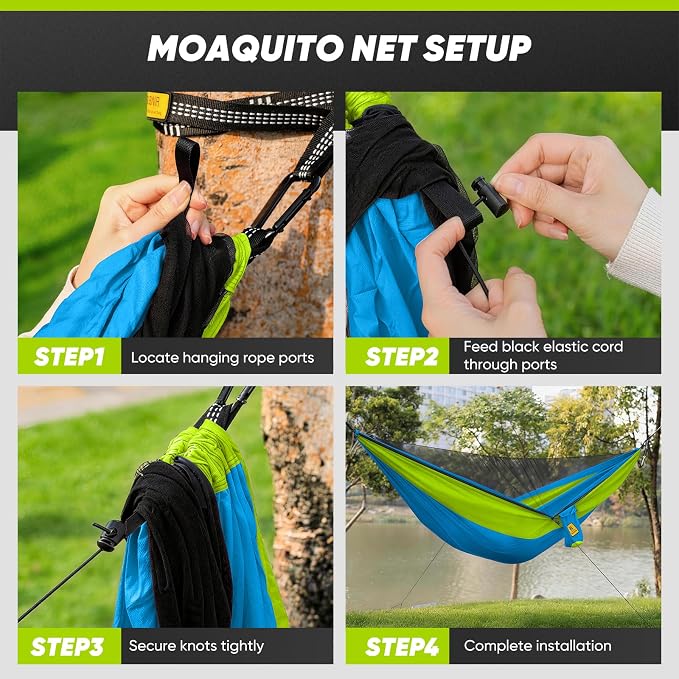 Kids Camping Hammock with Mosquito Net, 450 lbs Portable Hammock with Tree Straps, 2-in-1 Double/Single Travel Hammocks for Children, Hammock for Outside/Indoor/Backpacking/Beach - Sky Blue & Green