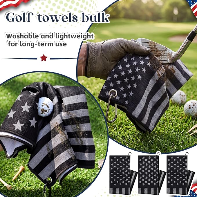 Batiyeer 3 Pack American Flag Caddy Golf Towels Summer Gifts Large 4th of July Caddy Towel for Bags 16 x 24 Inch Microfiber Waffle Pattern with Carabiner Clip Ultra-Absorbent Golfing Gear for Men