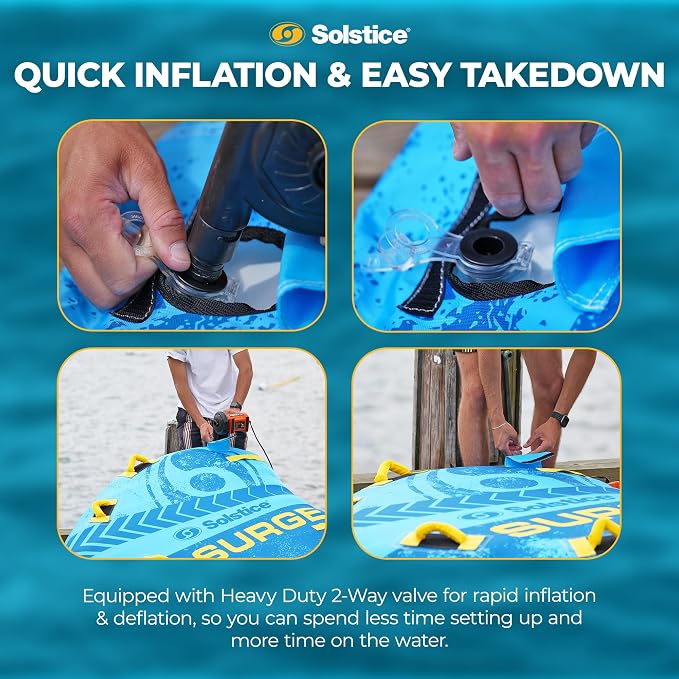 Solstice Surge Inflatable Towable Boat Tube | Stable 2-Person Water Sports Tube with Easy Inflate/Deflate System | 6 Handles & EVA Knuckle Guards | Vibrant Colors for Prime Visibility & Tubing Fun