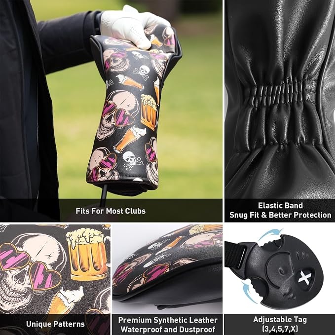 FINGER TEN Golf Club Head Covers for Woods Driver Fairway Hybrid with Interchangeable Number Tag 1 3 5 Premium Leather Headcovers for Women Men