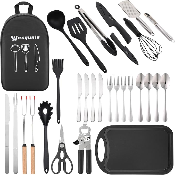 Wesqunie Camping Essentials Cooking Utensils Set - 30Pcs Camp Kitchen Cookware Set, Stainless Steel & Silicone, Camping Gear Equipment Must Haves for RV Picnic Grill
