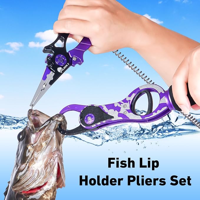 Golden J Fish Lip Gripper & Multi-Function Fishing Pliers Set - High-Strength Aluminum & Stainless Steel, Hook Remover, Split Ring Pliers, Line Cutter, Ideal for Ice, Surf, Lure Fishing