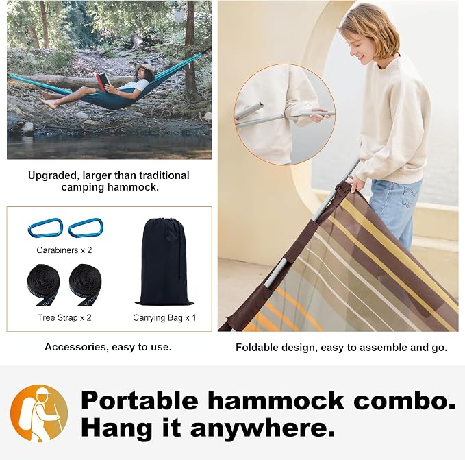 GAFETE 14ft 2 Person Hammock for Outside, Quick Dry Textilene, Portable Hammocks Without Stand with Folding Steel Spreader Bar, Carrying Bag, Tree Straps, Pillow & Sidebag, 550 lbs Capacity (Coffee)