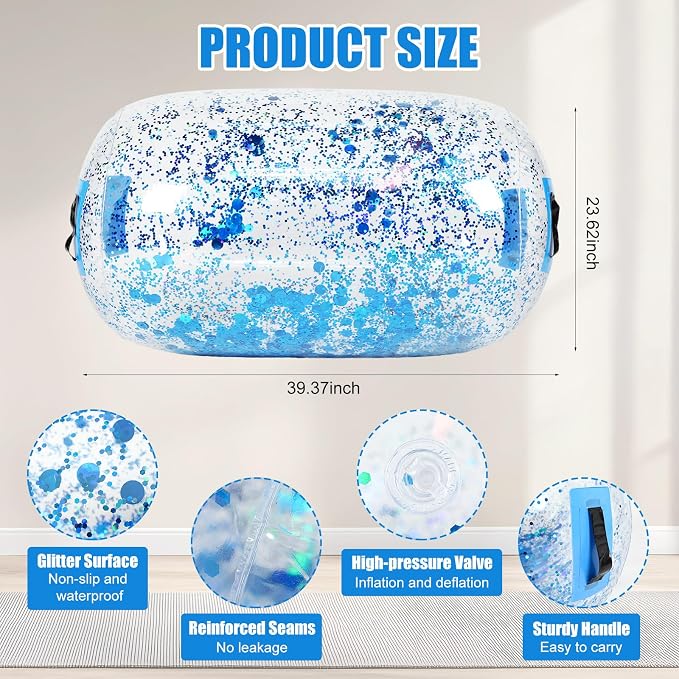 Gemscream Gymnastics Barrel Inflatable Air Roller Mat 40" x 24" Glitter Tumbling Air Barrel Gymnastic Cylinder Tumble Equipment for Back Handspring Trainer Cheerleading Yoga Home Use