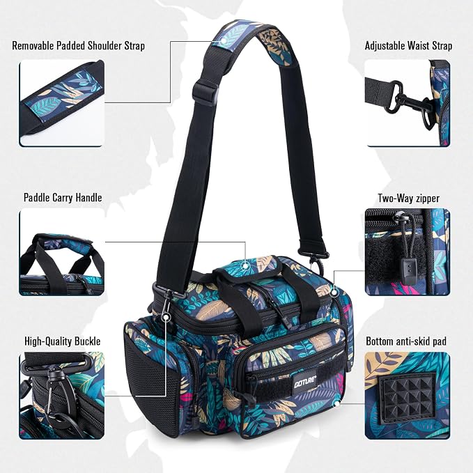 Goture Fishing Tackle Bag with 4 Tackle Boxes, Soft Side 600D Water-Resistant Cross Body Sling Fishing Bag, Small Saltwater Gear Storage Tactical Bags, Gifts for Men/Women (15.75"x9.45"x8.27")