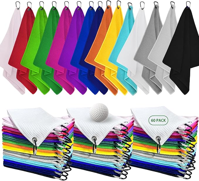 YOUKE OLA 60 Pack Golf Towels(16" X 16") with Carabiner Clip, Microfiber Waffle Pattern Towels for Golf Bags, Club, Yoga, Fitness (Colorful)
