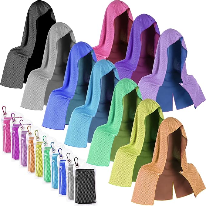 Breling 10 Pack Cooling Hoodie Towels, UPF 50 Sun Protection & Instant Cooling Towels Hoodie for Neck and Face Head Wrap for Hot Weather Sport, Gym, Camping Summer Outdoor Activity(Multicolor)
