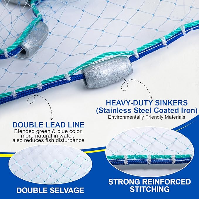 Goture American Fishing Cast Net Saltwater Freshwater,3/8in Mesh Size Casting Net for Bait Fish Shrimp Trap,Heavy Duty Sinkers Dual Color Double Selvage,10ft Radius Throw Cast Net