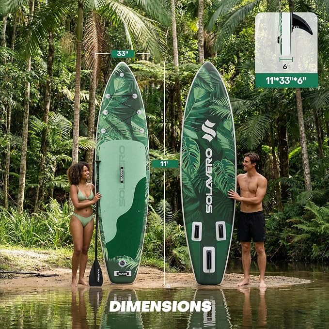 SOLAVERO Stand Up Paddle Board, 11‘ Inflatable SUP Supports 500LB - Wide Stable Board with Non-Slip EVA Deck for Adults & Youth of All Skill Levels