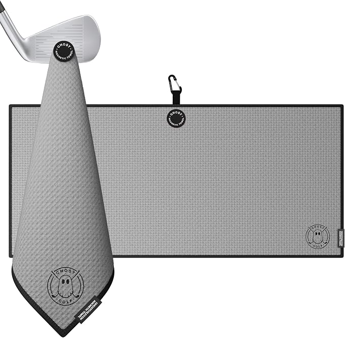 Ghost Golf Magnetic Towel (Caddie) - Premium Ultra-Absorbent Microfiber Golf Towel with Magnet for Golf Carts or Clubs - 18" x 40" Golfing Gear - Waffle Weave Pattern (Grey)