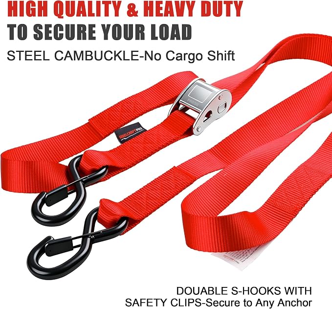 AWELCRAFT Motorcycle Tie Down Straps (2 Pack),3300lb Break Strength,1.5in x 8FT Steel Cambuckle Dirtbike Strap,Integrated Soft Loops & Double S-Hooks with Safety Clips,Lab Tested,Red