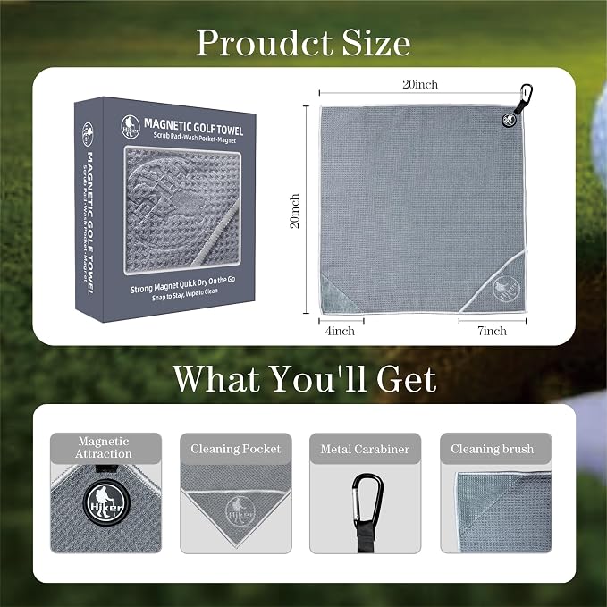 Hiker 20" x 20" Large Magnetic Golf Towel, Ultra Absorbent Microfiber Golf Towels for Golf Bags Cart Accessories with Waffle Pattern, Golf Ball Cleaner Cleaning Pocket, Brush Material