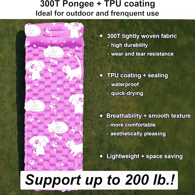 Inflatable Sleeping pad for Kids, Toddler and Youth | Air Mattress w Built-in Pump, 5’5” Ultralight Sleeping Mat with Pillow for Camping, Sleepovers & Travel | Airpad, Kids Cot, Camping Mattress -Pink