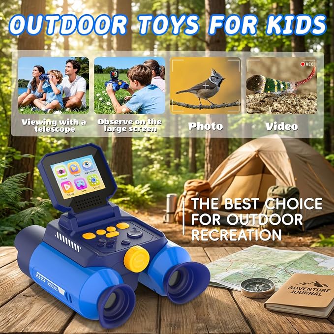 Binoculars for Kids with Night Vision, 2.4" HD Screen & 10X Zoom for Photo and Video - Outdoor Adventure Binoculars Bird Watching, Camping, Hiking, Gifts for Kids Ages 4+ (Blue)