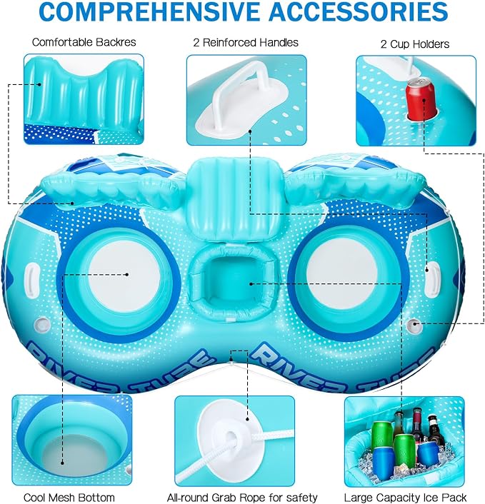 Pcs Inflatable River Tube Float, 2 Person Heavy Duty Pool Float with Built in Cooler, Ergonomic Backrest and Cup Holders for Adults, Lake Water Tubes for Floating Summer Relaxation