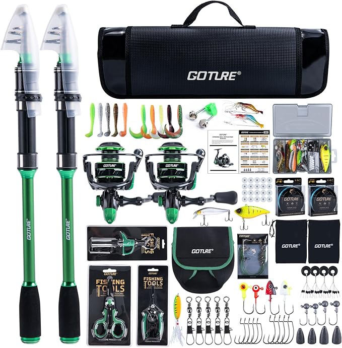 Goture Fishing Poles and Reels Combo - Green Telescoping Fishing Rod Portable Travel Kit with Carrier Bag for Freshwater Saltwater