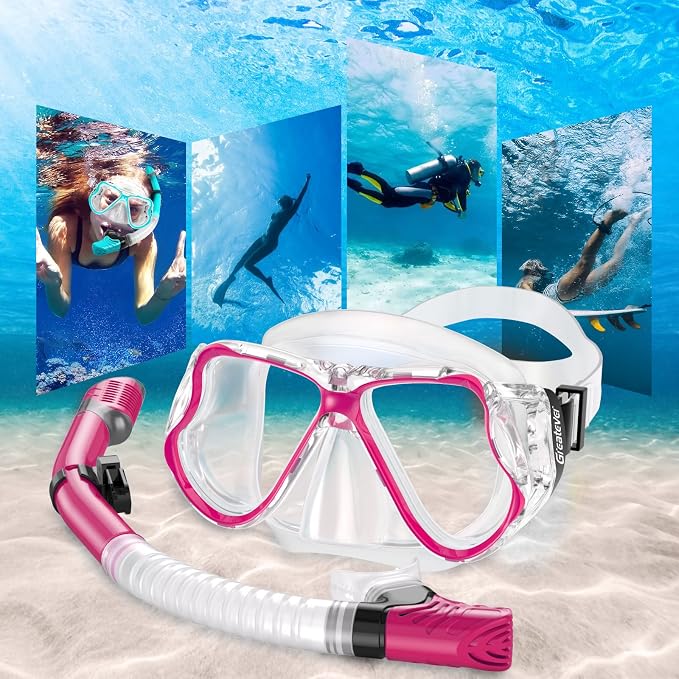 Greatever Dry Snorkel Set,Panoramic Wide View Anti-Fog Scuba Diving Mask,Professional Snorkeling Gear for Adults Kids
