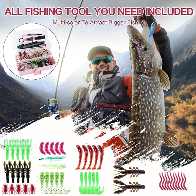 3-Layer Pink Fishing Tackle Box with Tackle Included, Fishing Tools Kit Includes Pliers Fish Lip Gripper Scale Crankbait Spinnerbaits Soft Baits Hooks, Ideal Gift for Angler Saltwater Freshwater