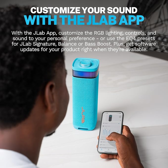 JLab, JBuds Party, Portable Bluetooth Speaker, Waterproof Outdoor Speaker, RGB Lighting, Multi-Speaker Connect, Cyan