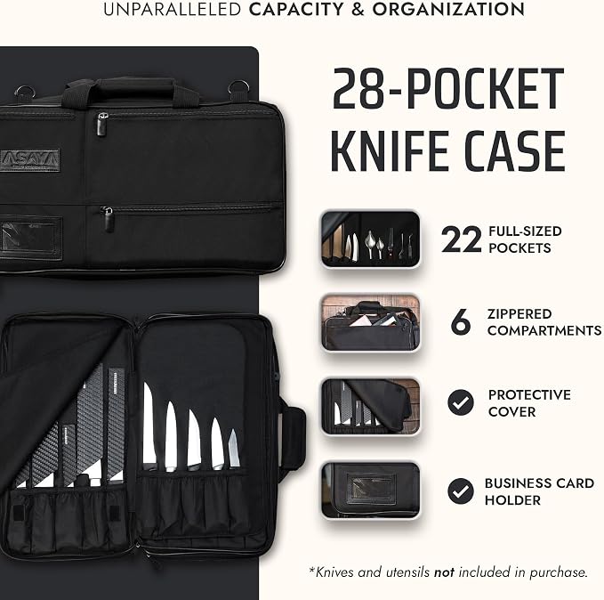Asaya Chef Knife Bag - 28-Pocket Knives Carrying Case for Kitchen Tools and Utensils, Ballistic Nylon Chef Knife Roll Bag with Adjustable Shoulder Strap - Knives Not Included (Black)
