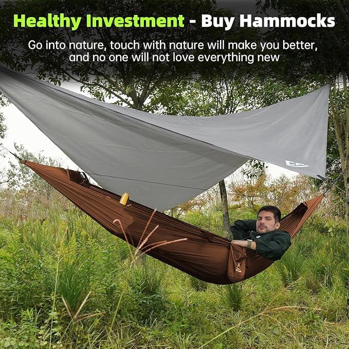 Camping Hammock with Mosquito Net, Underquilt & Rain Fly Tarp – 2 Person Portable Hammock Set for Hiking, Backpacking, Travel, Backyard, Beach – Holds Up to 500lbs (Orange)