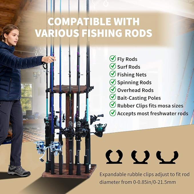 360° Rotating Fishing Rod Holder, Natural Wooden Fishing Pole Rack Stores 16 Rods, Floor-Standing Fishing Rod Storage Organizer with Rounded Clips for Garage, Basement, or Shed, Easy to Install