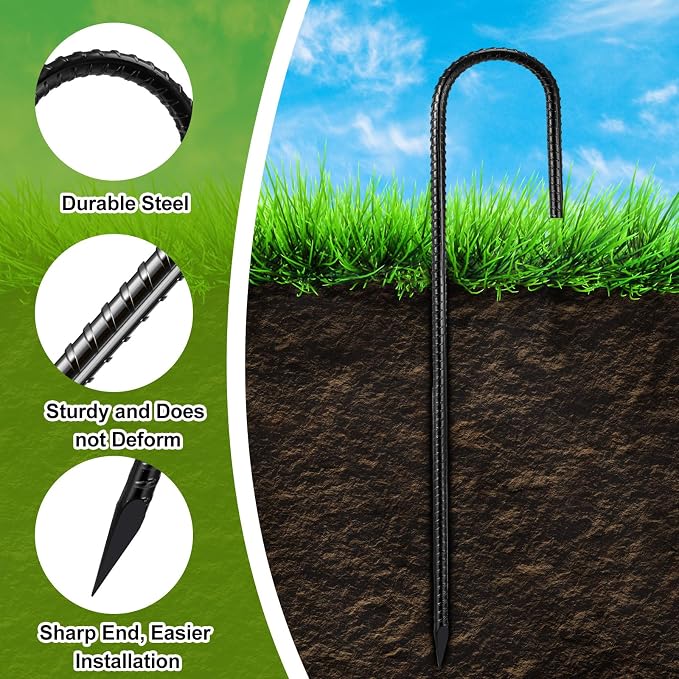 Gisafai 200 Pcs 12 Inch J Hook Rebar Stakes, Garden Ground Stakes Heavy Duty Tent Ground Anchors Steel Plant Support Stake Long Straight Metal Spikes with Chisel Point End for Concrete Timber