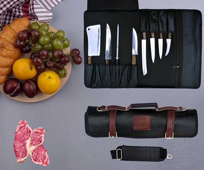 EVERPRIDE Gorgeous Leather Croc Pattern Premium Leather Chef Knife Roll Bag. Professional Grade Lovely Gift for Chefs Hunting Knives and Home Storage