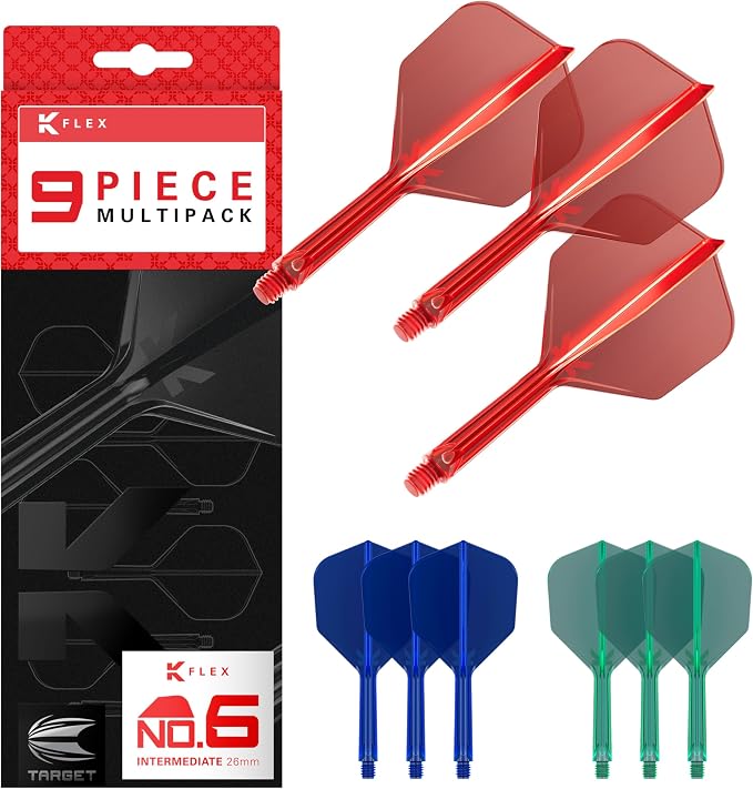 Target Darts K-Flex Integrated Dart Flights and Shafts, No.6, Kflex 9 Pack Bundle, K Flex 3 Colours | Black, White, Clear, Red, Green, Blue, Pink, Orange, Yellow | Short, Intermediate, Medium