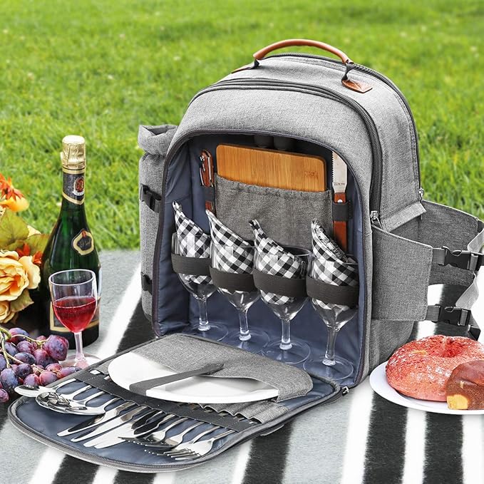 Sunflora Picnic Backpack for 4 Person Set Pack with Insulated Waterproof Pouch for Family Outdoor Camping (Gray)
