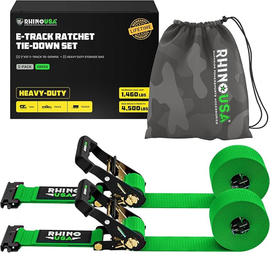 Rhino USA E Track Ratchet Tie Down Straps (4,500lb Break Strength) - Includes (2) Premium 2" x 16' eTrack Tie Downs - Ultimate Heavy Duty eTrack Cargo Strap System for Trailer, Truck, Motorcycle