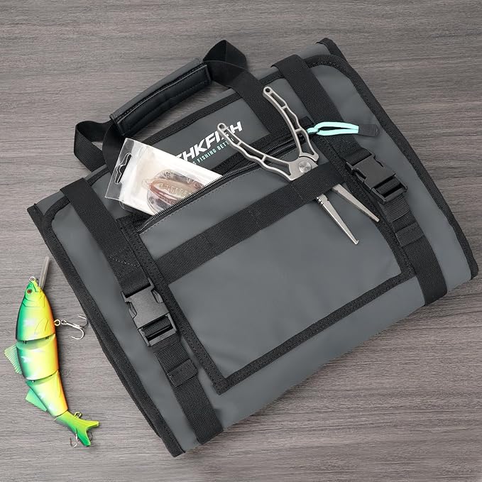 THKFISH Big Bait Bag, Roll-Up Large Trolling Lure Bag for Big Baits with 7 or 8 Heavy Duty PVC Protective Cover Pockets, Mesh Cleaning & Drying Tabs