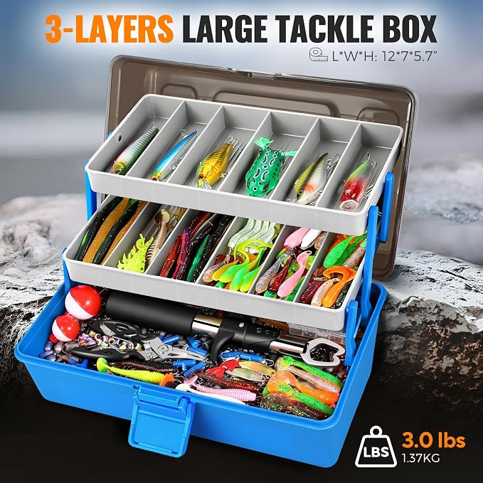 PLUSINNO Large 3 Layers Fishing Tackle Box Lures Kit with Tackle Included | Gifts for Men Kids Starter Kits, Portable Fishing Gear, 6X Larger Space, 16 Proven Rigs, for Bass Trout Panfish Sunfish