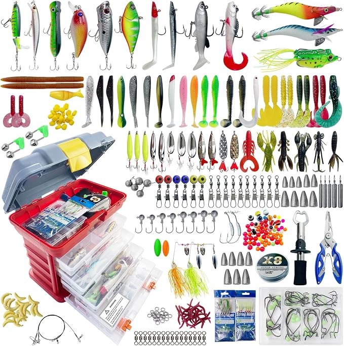 Fishing Lures Kit with Tackle Box Included Crankbait, Minnow, Spinnerbaits, Spoons, Soft Lures, Jigs, Hooks, Bait Rigs, Weights Sinkers, Topwater Lures Freshwater Saltwater 346/353Pcs