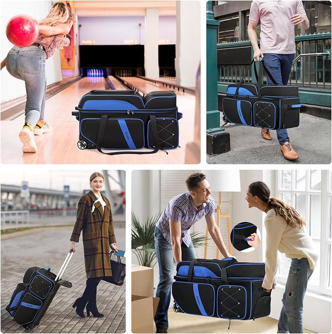 BOSSTIN 3 Ball Bowling Bags with Wheels, Secure Adhesive Fixed Ball Cup & Shoe Compartment, Bowling Ball Bag 3 Ball Roller with Multi-Pockets