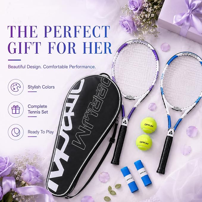 2-Pack Adult Tennis Rackets, 105 Sq Inch Oversized Head Pre-Strung for Beginners and Intermediate, Arm Friendly Vibration Control Set with Bag and Balls