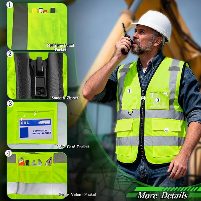 FATONE Hi Vis Safety Vest for Men with Reflective Strips, Class 2 High Visibility Vest with Pockets for Construction, Traffic, Warehouse, Security, Volunteer, 5 Pack Yellow, M