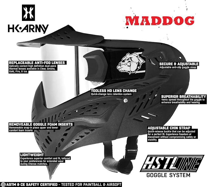 Maddog HK Army HSTL Paintball Airsoft Mask Goggle System | Replaceable Thermal Dual-Pane Anti Fog Lens | Adjustable Full-Face Safety Certified Protection