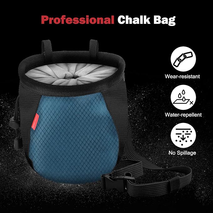 Rhino Valley Climbing Chalk Bag, No Leak Drawstring Chalk Bag with Adjustable Belt, Carabiner Clip and Zippered Pockets Chalk Bag for Rock Climbing, Cross Fit, Weight Lifting & More