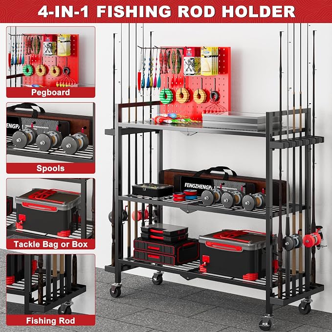 Fishing Rod Holders for Garage, Fishing Rod Stand with Wheels and Pegboard, 3-Tier Pole Storage Rack with 8 Hooks and 12 Rod Slots, Ideal for Tackle, Backpacks, and Gear Red