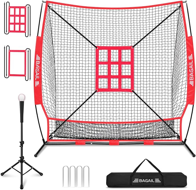 BAGAIL 7x7 ft Extra Large Baseball & Softball Training Net with Batting Tee, Heavy Duty Reinforced Steel Frame, Oversized Hitting Zone for All Levels, Portable Backstop with Carry Bag
