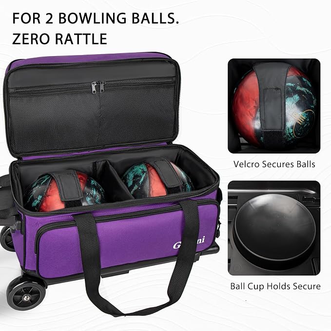 Goloni Double Roller 2 Ball Bowling Bag with Separate Shoe Compartment,2 Ball Bowling Bag with Wheels,Retractable Handle Extends to 40"