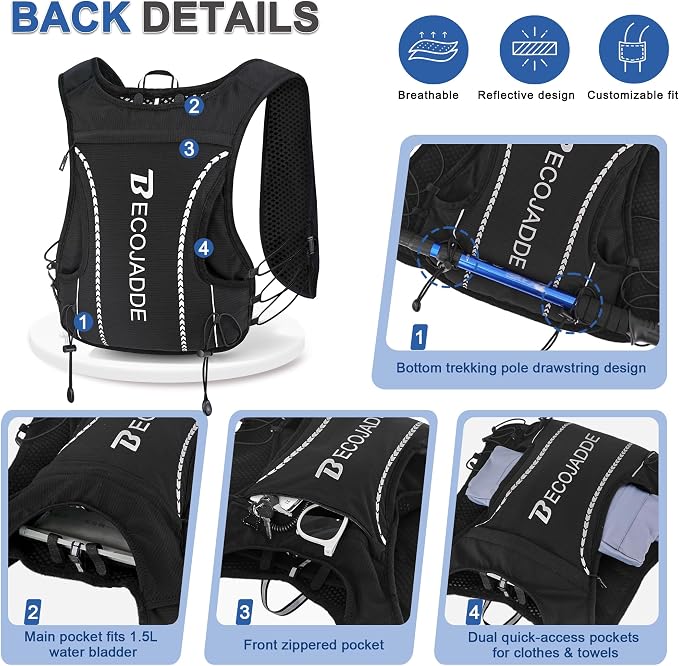 BECOJADDE 5L Running Vest for Women, Hydration Backpack Lightweight & Breathable for Trail Running, Marathon, Hiking, Cycling