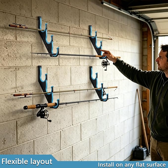 Fishing Rod Holders & Pole Holders for Garage, Wall Mounted Metal Fishing Rod Storage Organizer Rack Holds Up to 6/10/12/20 Rods or Combos, Suitable for Catfish Fishing Gear
