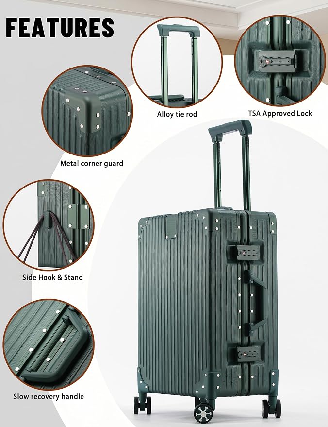 20 Inch Hard Shell Carry On Luggage, Zipperless Carry-on Suitcase with TSA Lock, Aluminum Frame & Spinner Wheels for Travel, 22x14x9 Airline Approved, Green
